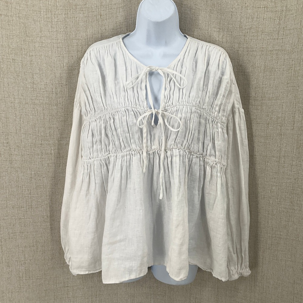Zara Blouse Womens L White Linen Boho Romantic Smocked Peasant Prairie Airy